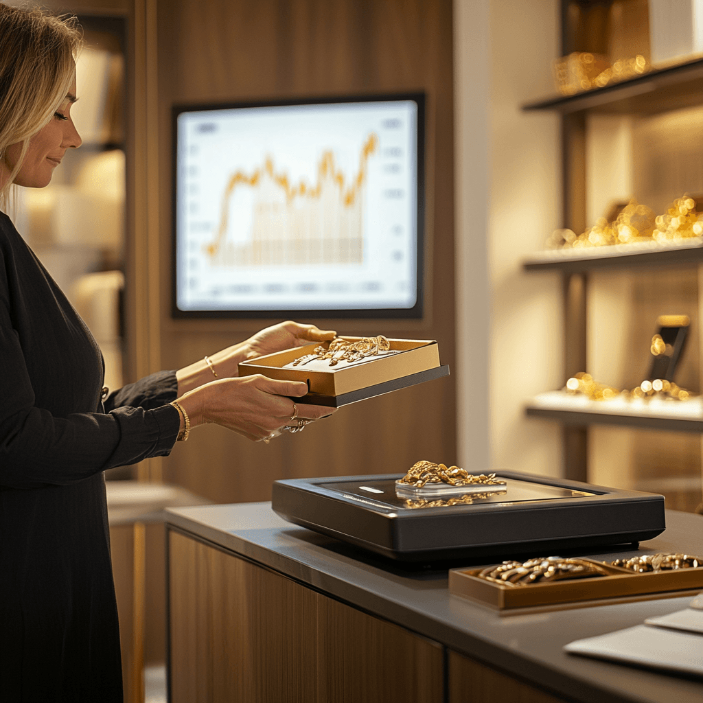 Kundin legt ihren Goldschmuck beim zertifizierten Juwelier auf die geeichte Waage