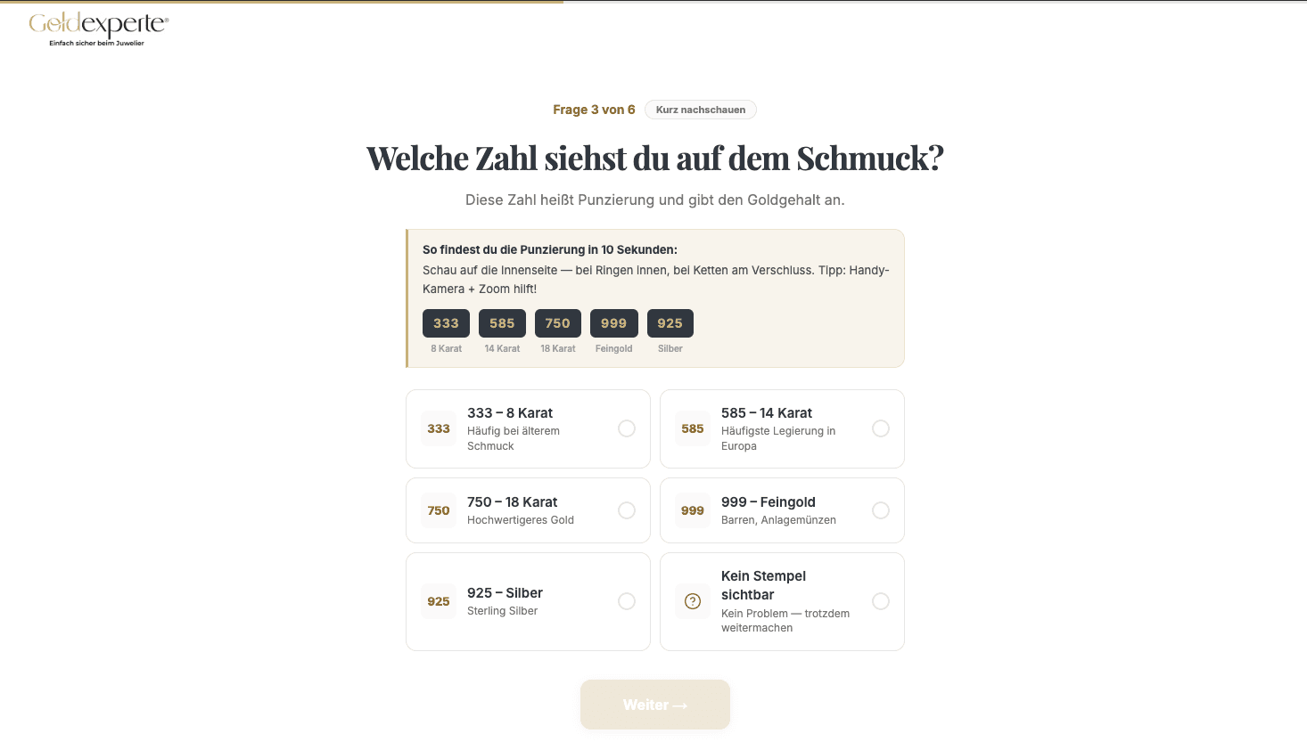 Goldrechner Quiz — kostenlose Bewertung in 2 Minuten